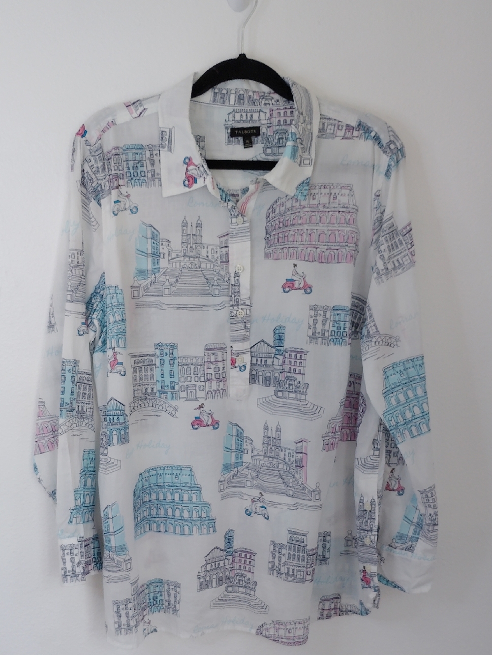 Talbots Womens Roman Holiday Novelty Print Collar Tunic Top Sz XL Cotton Coastal